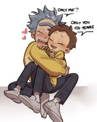 Rule 34 | 2boys, age difference, child, closed eyes, english text, grandfather and grandson, heart, highres, male focus, matching outfits, mature male, morty smith, multiple boys, rick and morty, rick sanchez, speech bubble, tears, teeth, upper teeth only