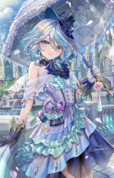 Rule 34 | 1girl, alternate costume, ascot, asymmetrical gloves, blue dress, blue eyes, blue hair, blue hat, blush, breasts, brooch, dress, earrings, furina (genshin impact), genshin impact, gloves, grey hair, hair between eyes, hat, highres, holding, holding umbrella, jewelry, looking at viewer, mismatched gloves, multicolored hair, parasol, short hair, small breasts, solo, streaked hair, swept bangs, top hat, torino aqua, two-tone hair, umbrella, white hair