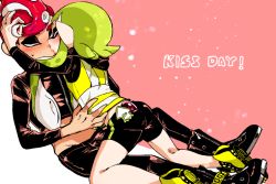 Rule 34 | agent 3 (splatoon), agent 8 (splatoon), bike shorts, black footwear, black jacket, black pants, black shirt, black shorts, blush, boots, cellphone, closed eyes, commentary, english text, green hair, hand on another&#039;s back, hand on another&#039;s head, hetero, inkling, inkling girl, inkling player character, jacket, kiss, kneeling, long hair, long sleeves, lying, midriff, nintendo, octoling, octoling boy, octoling player character, on back, pants, phone, red hair, shirt, shoes, shorts, single vertical stripe, splatoon (series), splatoon 2, splatoon 2: octo expansion, squidbeak splatoon, suction cups, sweatdrop, tentacle hair, vest, yellow footwear, yellow vest, yeneny, zipper