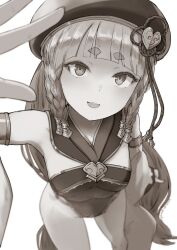 Rule 34 | 1girl, bare shoulders, beret, blunt bangs, blush, braid, breasts, detached sleeves, erune, eyeliner, granblue fantasy, greyscale, hat, highres, leotard, long hair, looking at viewer, makeup, monochrome, multiple braids, nosuku, open mouth, pholia, short eyebrows, side braids, small breasts, smile, solo, thighs, very long hair, wide sleeves