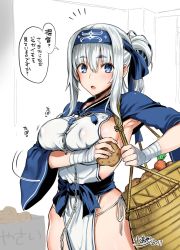 Rule 34 | 10s, 1girl, ainu, ainu clothes, armpits, blue eyes, breasts squeezed together, breasts, carrot, commentary request, covered erect nipples, crate, cropped jacket, dress, folded ponytail, headband, kamoi (kancolle), kantai collection, kojima saya, large breasts, long hair, long sleeves, looking at viewer, open mouth, potato, sideboob, sidelocks, simple background, sleeveless, sleeveless dress, solo, thick eyebrows, translation request, white dress, white hair, wrist guards