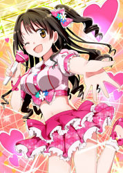Rule 34 | 10s, 1girl, ;d, blush, brown eyes, brown hair, gotyou, half updo, heart, idolmaster, idolmaster cinderella girls, long hair, looking at viewer, microphone, one eye closed, open mouth, outstretched arm, shimamura uzuki, side ponytail, skirt, smile, solo, wink