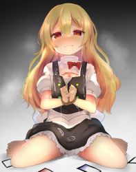 Rule 34 | 100th black market, 1girl, apron, barefoot, black skirt, black vest, blonde hair, blush, bound, bound wrists, closed mouth, colored eyelashes, cum, cum on clothes, hair between eyes, kirisame marisa, leon0705, long hair, pussy juice, shirt, short sleeves, skirt, solo, torn clothes, torn shirt, touhou, vest, waist apron, white apron, white shirt