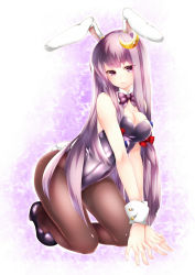 Rule 34 | 1girl, animal ears, bad id, bad pixiv id, black pantyhose, bow, breasts, cleavage, crescent, crescent hair ornament, detached collar, female focus, hair ornament, highres, large breasts, leotard, long hair, pantyhose, patchouli knowledge, playboy bunny, purple eyes, purple hair, rabbit ears, rabbit tail, solo, tail, touhou, very long hair, wrist cuffs, yutazou