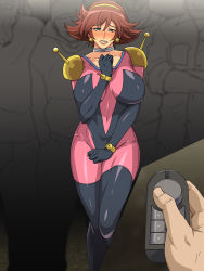 Rule 34 | 1girl, blue eyes, blush, bodysuit, breasts, brown hair, clenched teeth, control, earrings, electrostimulation, g gundam, greco roman (spiral brain), gundam, hairband, highres, huge breasts, jewelry, legs, looking at viewer, mobile trace suit, open mouth, rain mikamura, short hair, standing, sweat, teeth, thighs