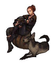Rule 34 | 1girl, bad id, bad pixiv id, barrel, boots, buckle, cheyenne (fallout), dog, fallout (series), fallout: new vegas, full body, highres, looking at viewer, penett, ponytail, red hair, sitting, sunny smiles, transparent background