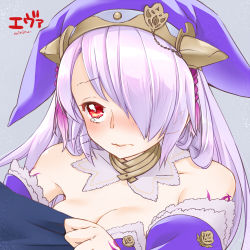 Rule 34 | 1girl, artist name, blush, breasts, character name, cleavage, crying, crying with eyes open, detached collar, detached sleeves, eva (sennen sensou aigis), grey background, hair over one eye, hat, long hair, lowres, miniru, purple hair, red eyes, sennen sensou aigis, shirt tug, solo, tears, upper body
