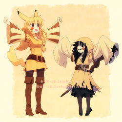 Rule 34 | 2girls, belt, black hair, blonde hair, boots, dav-19, deviantart username, gen 1 pokemon, hood, humanization, long sleeves, mask, mimikyu, multiple girls, open mouth, outstretched arms, pantyhose, personification, pikachu, pokemon, skirt, smile, thigh boots, thighhighs, tumblr username, watermark, wide sleeves