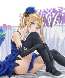 Rule 34 | 1girl, absurdres, black gloves, black ribbon, black thighhighs, blonde hair, blue dress, blue eyes, blue hat, closed mouth, clothes between thighs, collarbone, colored pencil (medium), dress, duan s, earrings, elbow gloves, gloves, hair ribbon, hat, head on knee, head tilt, high ponytail, highres, jewelry, long hair, mini hat, original, ribbon, short dress, sitting, sleeveless, sleeveless dress, solo, thighhighs, traditional media, white background, white neckwear