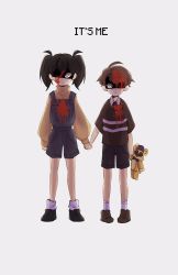 Rule 34 | 1boy, 1girl, black hair, blood, blood on face, blue shorts, brown hair, cassidy (fnaf), crying child (fnaf), five nights at freddy&#039;s, highres, holding, holding hands, holding stuffed toy, medium hair, shirt, short hair, shorts, striped clothes, striped shirt, stuffed animal, stuffed toy, suspender shorts, suspenders, sweater, teddy bear, turtleneck, twintails, yellow sweater