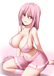 Rule 34 | 1girl, arm support, bare arms, bare shoulders, bikini, bikini top only, blush, breasts, cheerleader, cleavage, collarbone, commentary request, cowboy shot, gradient background, hair between eyes, head tilt, highres, large breasts, looking at viewer, medium hair, miniskirt, navel, no headwear, nori tamago, open mouth, pink background, pink bikini, pink hair, pink skirt, pleated skirt, pom pom (cheerleading), red eyes, saigyouji yuyuko, shadow, shiny skin, sitting, skirt, socks, solo, stomach, strap gap, sweat, swimsuit, thighs, touhou, white background, white socks