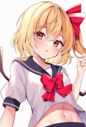 Rule 34 | 1girl, :o, alternate costume, black sailor collar, blonde hair, blush, bow, commentary request, double-parted bangs, eyes visible through hair, flandre scarlet, hair between eyes, hair bow, hand up, highres, looking at viewer, medium hair, navel, no headwear, one side up, open mouth, playing with own hair, puffy short sleeves, puffy sleeves, red bow, red eyes, sailor collar, school uniform, serafuku, shirotsuki shirone, shirt, short sleeves, sidelighting, simple background, solo, touhou, tsurime, upper body, white background, white shirt, wings