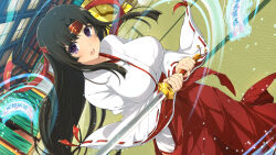 Rule 34 | 1girl, absurdres, architecture, bamboo, bamboo forest, bell, black hair, breasts, east asian architecture, forest, fusuma, glowing, hakama, headband, highres, holding, holding sword, holding weapon, indoors, japanese clothes, jingle bell, katana, kimono, large breasts, long hair, looking at viewer, low-tied long hair, miko, nature, official art, ofuda, open mouth, porch, purple eyes, queen&#039;s blade, red hakama, red headband, ribbon-trimmed sleeves, ribbon trim, senran kagura, senran kagura new link, sliding doors, solo, sword, talisman, tatami, tomoe (queen&#039;s blade), weapon, white kimono, wide sleeves, yaegashi nan