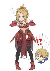 Rule 34 | 1girl, 2girls, abs, absurdres, ahoge, armor, artoria pendragon (fate), bare shoulders, black thighhighs, blonde hair, blue dress, blush, boots, braid, breasts, cleavage, collarbone, commentary, commentary request, detached sleeves, dress, fang, fate/grand order, fate (series), flying sweatdrops, french braid, full body, gonburu juan, green eyes, hair ornament, hair scrunchie, heart, heart hands, highres, leaning forward, long hair, looking at viewer, midriff, mordred (fate), mother and daughter, multiple girls, navel, open mouth, pigeon-toed, ponytail, red scrunchie, red sleeves, scrunchie, sidelocks, simple background, skin fang, small breasts, solo, standing, thighhighs, wavy mouth, white background