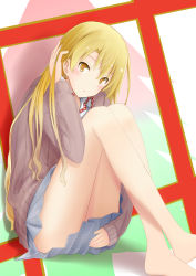 Rule 34 | 10s, 1girl, blonde hair, blush, hair between eyes, hand in own hair, highres, knees to chest, crossed legs, long hair, looking at viewer, miura yumiko, nentsuchi, sitting, skirt hold, solo, thighs, yahari ore no seishun lovecome wa machigatteiru., yellow eyes