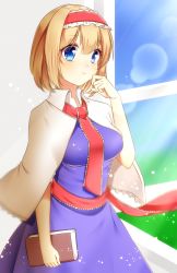 Rule 34 | 1girl, alice margatroid, bad id, bad pixiv id, blonde hair, blue dress, blue eyes, blurry, blush, book, breasts, capelet, closed mouth, commentary, cowboy shot, depth of field, dress, fingernails, frilled hairband, frilled sash, frills, hair between eyes, hairband, hand up, highres, holding, holding book, large breasts, light blush, looking at viewer, red hairband, sash, shinonome asu, short hair, solo, standing, sunlight, tareme, touhou, window