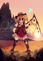 Rule 34 | 1girl, absurdres, adapted costume, blonde hair, commentary, cowboy hat, fang, fang out, flandre scarlet, hair between eyes, hands on own hips, hat, highres, legs apart, looking at viewer, outdoors, penglai tea, pigeon-toed, purple eyes, smile, solo, standing, sunset, touhou, v-shaped eyebrows