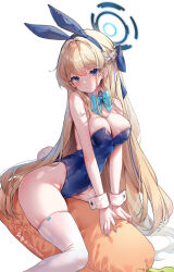 Rule 34 | 1girl, animal ears, bare shoulders, blonde hair, blue archive, blue bow, blue eyes, blue hairband, blue leotard, bow, bowtie, braid, breasts, carrot, carrot-shaped pillow, cleavage, closed mouth, detached collar, ear piercing, fake animal ears, french braid, hairband, halo, highleg, highleg leotard, leotard, long hair, medium breasts, multicolored hair, official alternate costume, official alternate hairstyle, piercing, playboy bunny, rabbit ears, shiro albino, sitting, streaked hair, stuffed carrot, thighhighs, thighs, toki (blue archive), toki (bunny) (blue archive), very long hair, white thighhighs, wrist cuffs