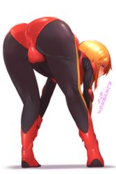Rule 34 | !, 1girl, absurdres, ass, bent over, black bodysuit, blush, bodysuit, cameltoe, commentary request, from behind, gundam, gundam zz, highres, looking at viewer, looking back, onimaru (onimal7802), open mouth, orange hair, pilot suit, purple eyes, puru two, shiny clothes, short hair, skin tight, solo, standing, translated
