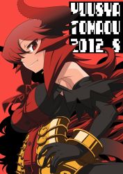 Rule 34 | 1girl, armor, armored dress, black gloves, breasts, cover, cover page, curly hair, demon girl, demon horns, demon tail, elbow gloves, fang, gloves, highres, horns, large breasts, long hair, maou beluzel, matsuda yuusuke, original, red eyes, red hair, smile, solo, tail, yuusha to maou