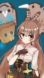 Rule 34 | 1girl, :&gt;, ahoge, artist name, barn owl, belt, bird, blue background, blurry, blurry background, breasts, brown belt, brown eyes, brown gloves, brown hair, commentary, dagger, english commentary, feather hair ornament, feathers, friend (nanashi mumei), gloves, hair ornament, hairclip, hand on own chest, highres, hololive, hololive english, kiwi (bird), knife, lantern, medium breasts, multicolored hair, nanashi mumei, owl, partially fingerless gloves, pavolia reine (artist), runes, sheath, sheathed, shirt, smile, streaked hair, virtual youtuber, weapon, white shirt