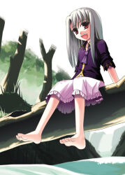 Rule 34 | 1girl, ascot, barefoot, collared shirt, fate/stay night, fate (series), feet, forest, frilled skirt, frills, full body, illyasviel von einzbern, kaze shibuki, long hair, nature, open mouth, outdoors, purple shirt, red eyes, river, shirt, sitting, skirt, sleeves rolled up, smile, solo, tree, water, white hair