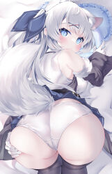 Rule 34 | 1girl, absurdres, animal ear fluff, animal ears, ass, ass grab, bare shoulders, bed sheet, black sleeves, black thighhighs, blue eyes, blue skirt, blush, breasts, closed mouth, commentary request, detached sleeves, feet out of frame, fox ears, fox girl, fox tail, frilled pillow, frills, from behind, fur-trimmed sleeves, fur trim, gloves, grey hair, hair ornament, hairclip, heart, heart-shaped pillow, highres, konagi (konotuki), long hair, long sleeves, looking at viewer, looking back, medium breasts, one side up, original, panties, pillow, shirt, skirt, sleeveless, sleeveless shirt, sleeves past wrists, solo, tail, thighhighs, underwear, very long hair, wedgie, white gloves, white panties, white shirt, wide sleeves, x hair ornament