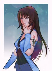 Rule 34 | 1girl, absurdres, arm ribbon, arm warmers, bare shoulders, black hair, black shirt, blue background, blue cardigan, blue skirt, border, breasts, brown eyes, brown hair, cardigan, cowboy shot, final fantasy, final fantasy viii, fumezu1, hair between eyes, hand to own mouth, highres, long hair, looking at viewer, medium breasts, multicolored hair, parted lips, ribbon, rinoa heartilly, shirt, skirt, solo, streaked hair
