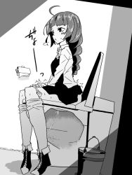 Rule 34 | 1girl, ahoge, bathroom, black dress, blush, bow, bowtie, braid, breath, bucket, clothes pull, dress, highres, kantai collection, long hair, long sleeves, monochrome, musou bw, open mouth, panties, panty pull, pantyhose, pantyhose pull, peeing, shirt, shoes, sitting, sweat, toilet, toilet paper, toilet use, trembling, underwear, white shirt, yuugumo (kancolle)