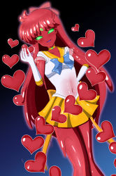 Rule 34 | 1girl, bishoujo senshi sailor moon, blue bow, bow, breasts, choker, colored skin, cosplay, gloves, gradient background, green eyes, hair bow, hand on own hip, heart, long hair, monster girl, navel, orange choker, orange skin, pink bow, rethnick, sailor senshi uniform, sailor venus, sailor venus (cosplay), shirt, simple background, skirt, slime girl, small breasts, solo, standing, very long hair, white gloves, white shirt, yellow skirt