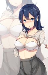 Rule 34 | 1girl, absurdres, blouse, blue eyes, blue hair, bra, breasts, clothes lift, grey skirt, hair ornament, hairclip, highres, kantai collection, large breasts, long sleeves, medium hair, note, shirt, shirt lift, skirt, solo, souryuu (kancolle), underwear, white background, white bra, zhi zhi/zu zu, zoom layer