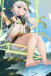 Rule 34 | &gt; &lt;, :o, ?, absurdres, bare shoulders, barefoot, bloomers, blue sky, day, dress, elf, feet, genshin impact, green eyes, highres, long hair, looking at viewer, nahida (genshin impact), nsev5347, open mouth, outdoors, pointy ears, side ponytail, sitting, sky, slime (genshin impact), soles, stepped on, swing, toes, tree, underwear, white dress, white hair