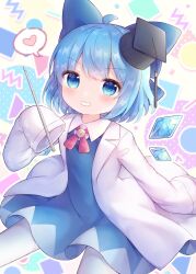 Rule 34 | 1girl, black hat, blue bow, blue dress, blue eyes, blue hair, blush, bow, cirno, coa (chroo x), coat, detached wings, dress, fairy, grin, hair between eyes, hair bow, hat, heart, highres, ice, ice wings, looking at viewer, open clothes, open coat, pantyhose, short hair, sleeves past fingers, sleeves past wrists, smile, solo, spoken heart, touhou, white coat, white pantyhose, wings