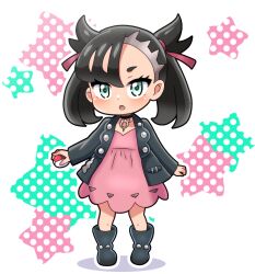 Rule 34 | 1girl, :o, asymmetrical bangs, black footwear, black hair, black jacket, blush, boots, chibi, commentary request, creatures (company), dress, eyelashes, full body, game freak, green eyes, hair ribbon, highres, hitokiwa kenchin, holding, holding poke ball, jacket, long sleeves, looking at viewer, marnie (pokemon), nintendo, open clothes, open jacket, open mouth, pink dress, poke ball, poke ball (basic), pokemon, pokemon swsh, ribbon, solo, standing, twintails