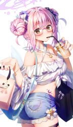 Rule 34 | 1girl, absurdres, bag, bespectacled, blue archive, blue shorts, breasts, cleavage, commentary request, cowboy shot, double bun, drink, drinking straw, drinking straw in mouth, fingernails, flower, glasses, hair bun, hair flower, hair ornament, halo, highres, holding, holding drink, jewelry, kuria (clear trip second), large breasts, long hair, mika (blue archive), off-shoulder shirt, off shoulder, pendant, peroro (blue archive), pink-framed eyewear, pink hair, pink halo, purple flower, shirt, shopping bag, shorts, simple background, solo, thigh strap, twisted torso, white background, yellow eyes