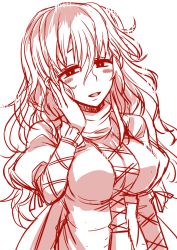 Rule 34 | 1girl, :d, blush, breasts, dress, hand on own cheek, hand on own face, highres, hijiri byakuren, large breasts, long hair, long sleeves, monochrome, open mouth, sketch, smile, solo, tanakara, touhou, turtleneck