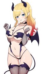 Rule 34 | 1girl, absurdres, alternate costume, blonde hair, blue eyes, breast tattoo, breasts, brown gloves, brown thighhighs, colored tips, cowboy shot, daydarion, demon girl, demon horns, demon tail, demon wings, elbow gloves, gloves, gluteal fold, highres, hololive, horns, large breasts, looking at viewer, multicolored hair, navel, o-ring, o-ring top, pointy ears, ponytail, red hair, revealing clothes, simple background, smile, solo, tail, tattoo, thigh gap, thighhighs, virtual youtuber, white background, wings, yuzuki choco