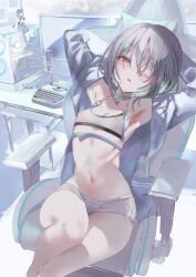 Rule 34 | 1-gou (111touban), 1boy, absurdres, armpits, arms behind head, bare legs, blush, bob cut, chair, choker, computer, controller, desk, dot nose, eyepatch, feet out of frame, game controller, gaming chair, grey eyes, grey hair, grey jacket, grey shorts, hair between eyes, head tilt, highres, indoors, jacket, knee up, long sleeves, looking at viewer, male focus, medical eyepatch, medium hair, microphone, monitor, navel, open clothes, open jacket, original, parted lips, reclining, see-through, see-through shirt, short shorts, shorts, sidelocks, sitting, solo, spiked choker, spikes, stomach, swivel chair, trap, typewriter