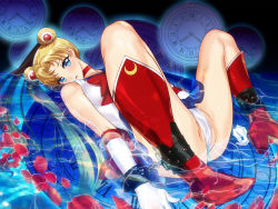 Rule 34 | ankle cuffs, arion canvas, ass, bdsm, bishoujo senshi sailor moon, blonde hair, boots, bow, cameltoe, chain, choker, clock, foreshortening, gloves, highres, long hair, looking at viewer, magical girl, miniskirt, nipples, nude, petals, pleated skirt, red bow, restrained, sailor moon, school uniform, skirt, solo, spread legs, tsukino usagi, twintails, wrist cuffs