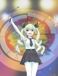 Rule 34 | 10s, 1girl, :d, adapted costume, anchovy (girls und panzer), anzio (emblem), anzio school uniform, arm up, belt, black belt, black necktie, black ribbon, black skirt, blurry, blurry foreground, commentary request, confetti, cowboy shot, dress shirt, drill hair, emblem, girls und panzer, green hair, hair ribbon, hand on own hip, highres, holding, idol, long hair, long sleeves, looking at viewer, miniskirt, necktie, nito (nshtntr), open mouth, pantyhose, pleated skirt, red eyes, ribbon, riding crop, school uniform, shirt, skirt, sleeveless, sleeveless shirt, smile, solo, spotlight, standing, twin drills, twintails, white pantyhose, white shirt