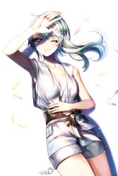 Rule 34 | 1girl, ;), arm up, armpits, bare arms, bare shoulders, belt, black belt, blue eyes, blue hair, blush, breasts, closed mouth, collarbone, hair between eyes, highres, long hair, looking at viewer, lying, on back, one eye closed, original, short shorts, shorts, small breasts, smile, solo, white background, white shorts, xes (xes 5377)