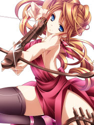 Rule 34 | 1girl, blue eyes, bow (weapon), crossbow, earrings, highres, jewelry, long hair, monety, orange hair, original, solo, thighhighs, weapon