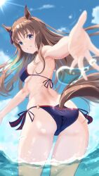 Rule 34 | 1girl, absurdres, adlib, animal ears, ass, beach, bikini, blue bikini, blue eyes, blue sky, blurry, blurry background, breasts, brown hair, clothing cutout, cloud, cloudy sky, commentary request, cowboy shot, ear ornament, grass wonder (umamusume), grin, highres, horse ears, horse girl, horse tail, lens flare, long hair, looking at viewer, medium breasts, multicolored hair, ocean, outdoors, outstretched hand, partially submerged, side-tie bikini bottom, sideboob, sky, smile, streaked hair, summer, sun, swimsuit, tail, tail through clothes, umamusume, water, white hair