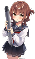Rule 34 | 1girl, :o, black sailor collar, black skirt, blush, commentary, folded ponytail, hair between eyes, highres, holding, holding torpedo, inazuma (kancolle), kantai collection, long sleeves, looking at viewer, nanahamu, neckerchief, parted lips, pleated skirt, ponytail, red neckerchief, sailor collar, school uniform, serafuku, simple background, skirt, solo, torpedo, twitter username, white background, yellow eyes