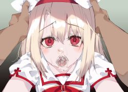 Rule 34 | 1boy, 1girl, after fellatio, beret, blonde hair, blush, commentary request, cum, cum bubble, cum in mouth, cum in nose, fate/kaleid liner prisma illya, fate (series), from above, gradient background, hands on another&#039;s head, hat, hetero, highres, illyasviel von einzbern, looking at viewer, male hand, medium hair, open mouth, pov, red eyes, short sleeves, sidelocks, solo focus, suujiniku, tearing up, tears, white hair, white headwear