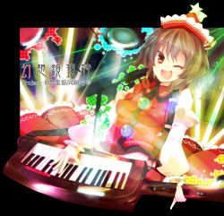Rule 34 | 1girl, brown eyes, brown hair, female focus, hat, highres, instrument, keyboard (instrument), lyrica prismriver, microphone, microphone stand, nmaaaaa, one eye closed, open mouth, shirt, short hair, skirt, skirt set, smile, solo, touhou, wink