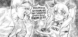 Rule 34 | 10s, 1boy, 1girl, anchovy (girls und panzer), apron, bad food, bad id, bad twitter id, black ribbon, blush, censored, censored food, censored text, crossover, crying, drill hair, english text, girls und panzer, gordon ramsay, greyscale, hair ribbon, holding, holding plate, long hair, monamin, monochrome, mosaic censoring, necktie, object behind ear, open mouth, parody, pencil behind ear, plate, profanity, real life, ribbon, sad, tearing up, tears, twin drills, twintails, veins