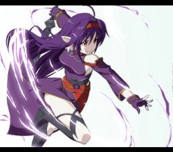 Rule 34 | 1girl, armor, boots, breastplate, detached sleeves, fingerless gloves, gloves, hairband, holding, holding sword, holding weapon, konno yuuki (sao), leg up, letterboxed, long hair, outstretched arm, pointy ears, purple armor, purple hair, red eyes, red hairband, skirt, smile, solo, sword, sword art online, thigh boots, thighhighs, weapon, white background, wrwr, yuuki (sao)