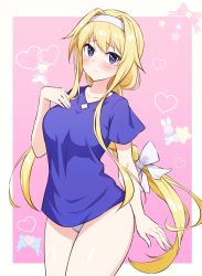 Rule 34 | 1girl, absurdres, alice zuberg, alternate costume, animal print, arm at side, bear print, blonde hair, blue eyes, blue shirt, blush, bow, breasts, collarbone, cowboy shot, frown, hair bow, hair intakes, hairband, hand on own chest, hand up, heart, highres, holiday (pangjelly), long hair, medium breasts, panties, pink background, rabbit print, shirt, short sleeves, solo, sword art online, thighs, underwear, very long hair, white bow, white panties