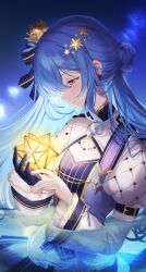 Rule 34 | 1girl, absurdres, blue eyes, blue hair, crown, earrings, gloves, hair ornament, highres, hololive, hoshimachi suisei, jewelry, juliet sleeves, kuma daigorou, long sleeves, mini crown, partially submerged, profile, puffy sleeves, single glove, smile, star (symbol), star earrings, star hair ornament, virtual youtuber, water